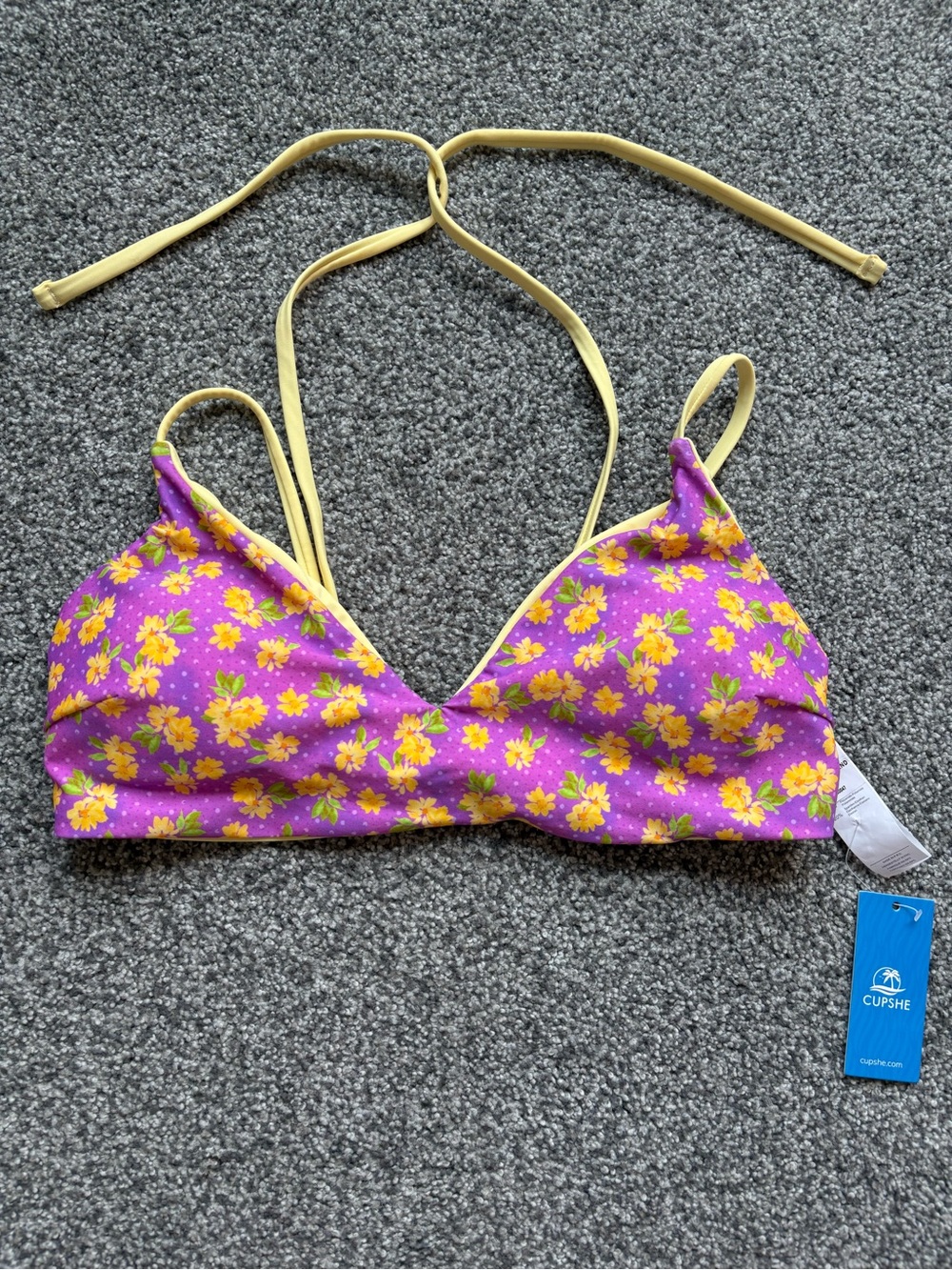 NWT Cupshe Spring Has Sprung Reversible Bikini Top Purple Yellow Preppy Size XL